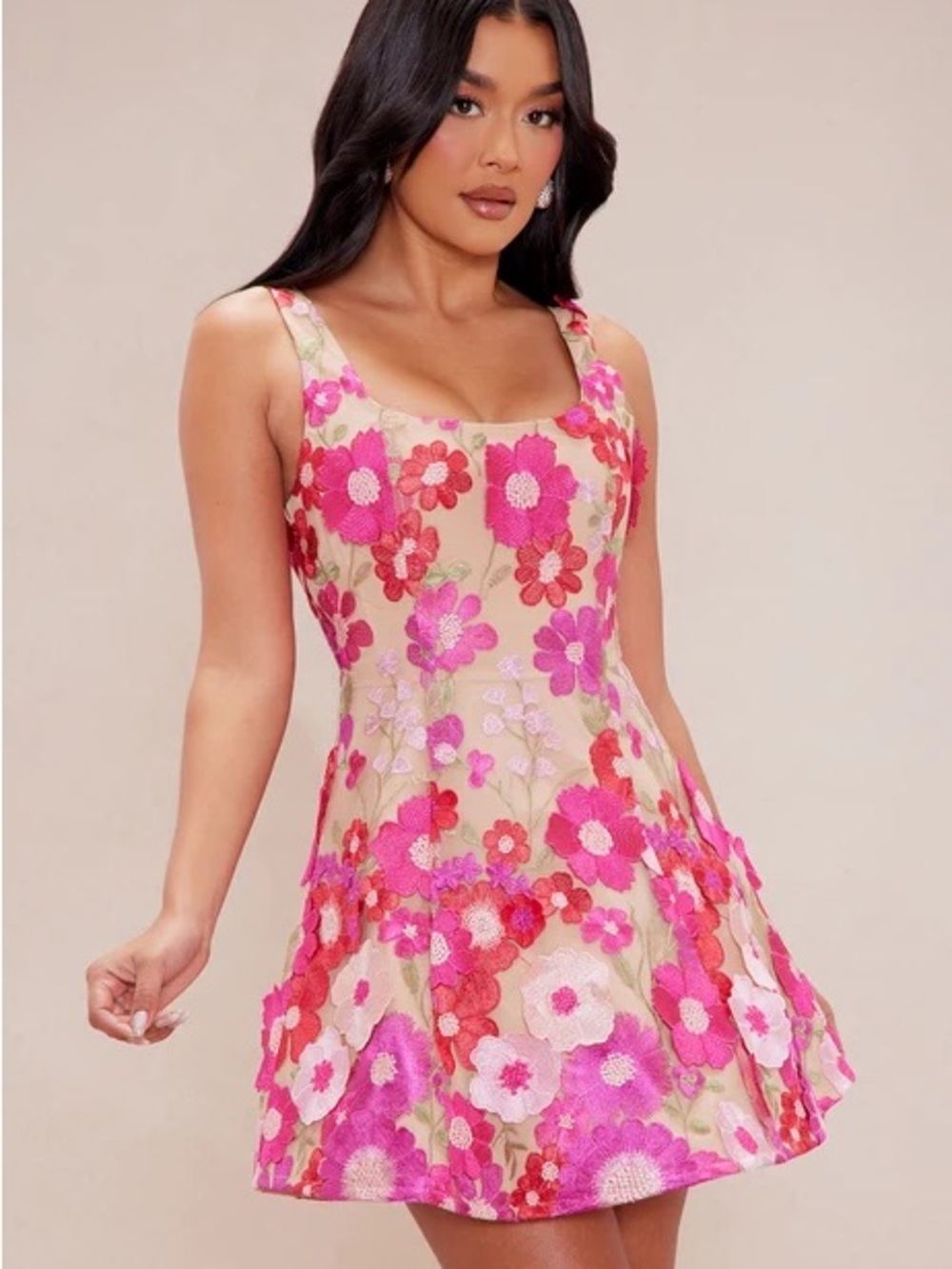 Fashion Nova Beige Mini Dress with Pink & Red Floral Embroidery
